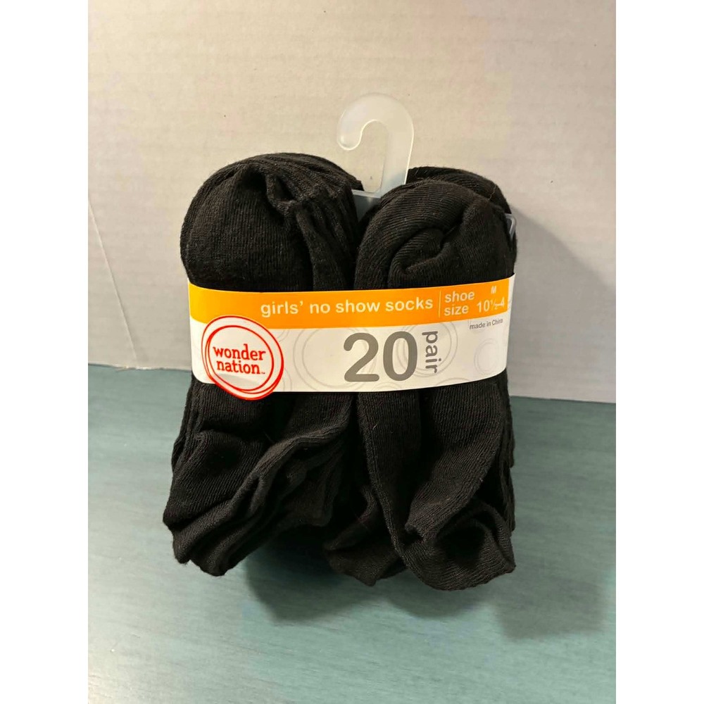 Wonder Nation Boys No Show Socks Black 20 Pair Pack Size M 10.5-4 New
